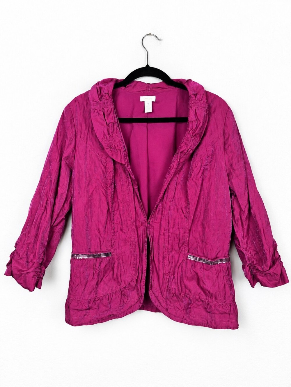 Chico's Size 2 Large Magenta Crinkle Jacket Sequin Glam Artsy Art to Wear Boho